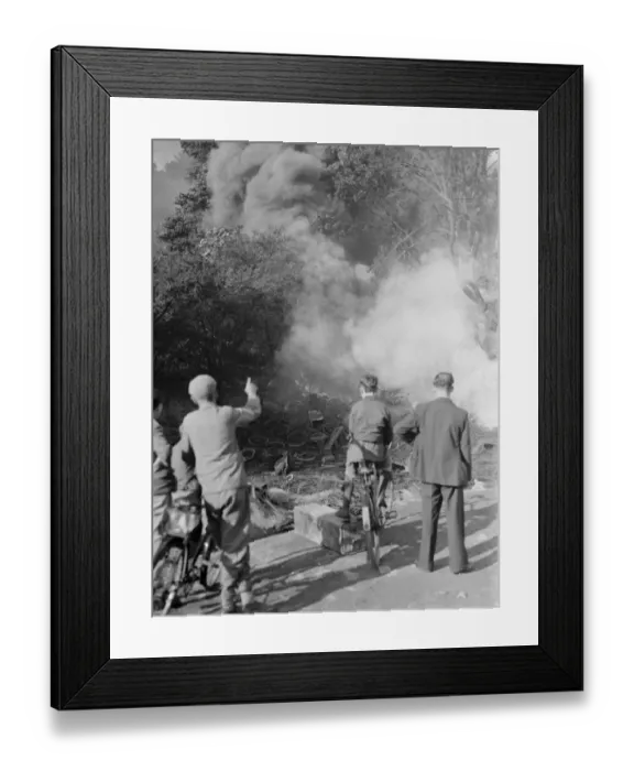 Framed Print : Boys with their bicycles watch the smoke rising in clumps following fresh breakout Framed Print : Boys with their bicycles watch the smoke rising in clumps following fresh breakout