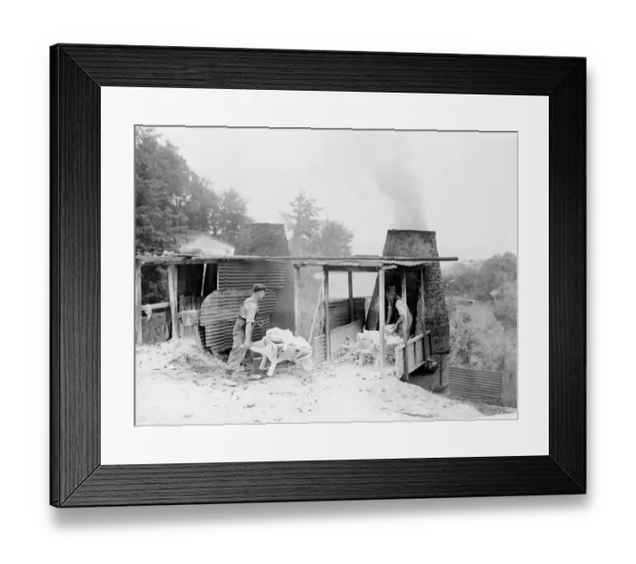 Framed Print : The Lime Works in Dunton Green, Kent. Men pile lime blocks into the kilns Framed Print : The Lime Works in Dunton Green, Kent. Men pile lime blocks into the kilns
