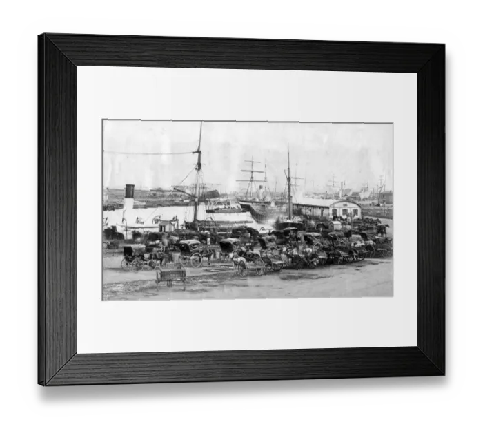 Framed Print : A very early photograph of Queens Wharf, showing typical craft and vehicles of Framed Print : A very early photograph of Queens Wharf, showing typical craft and vehicles of