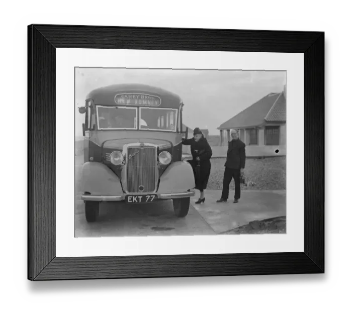 Framed Print : Passengers getting onto a Carey Bros Bedford coach in New Romney, Kent Framed Print : Passengers getting onto a Carey Bros Bedford coach in New Romney, Kent