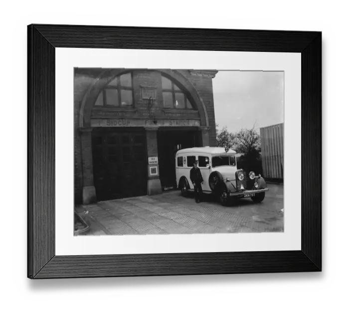 Framed Print : A new ambulance outside the fire station in Sidcup, Kent. 1936 Framed Print : A new ambulance outside the fire station in Sidcup, Kent. 1936