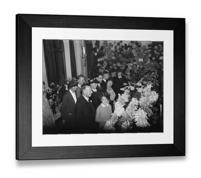 Framed Print : Group at the Petts Wood flower show, showing the Secretary with her hand up. 1937 Framed Print : Group at the Petts Wood flower show, showing the Secretary with her hand up. 1937