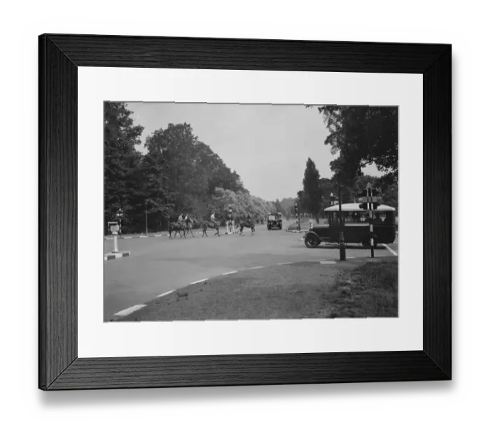Framed Print : Horses and traffic lights at a road junction. 1937