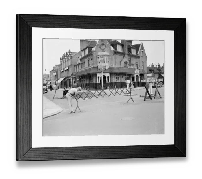 Framed Print : A road barricade for road works in Bromley, Kent. 1937 Framed Print : A road barricade for road works in Bromley, Kent. 1937