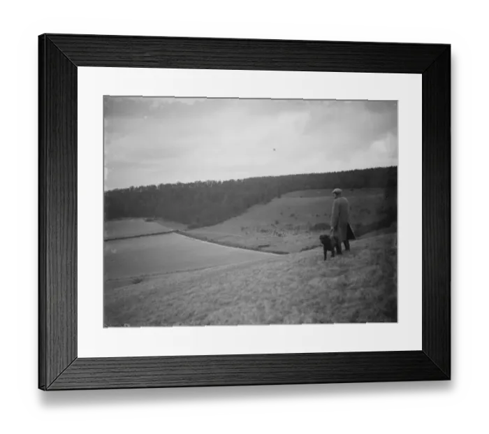 Framed Print : A farmer and his dog stands to view his fields at Preston hill farm estate
