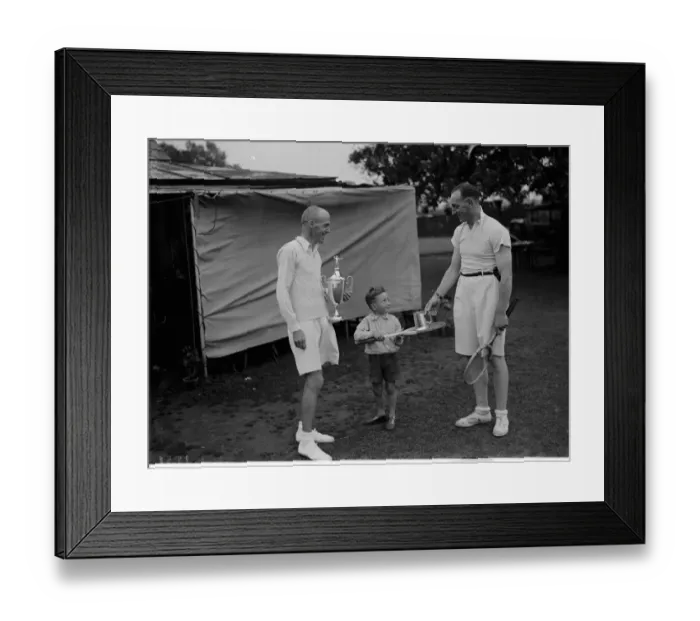 Framed Print : Tennis finalist at Bromley being handed their trophies by a child. 1935 Framed Print : Tennis finalist at Bromley being handed their trophies by a child. 1935