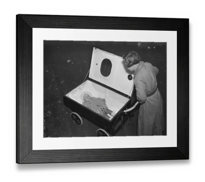 Framed Print : Gas proof pram invention in Hextable, Kent. 1938