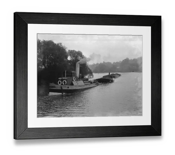 Framed Print : A tug tows barges on the river Thames near Richmond upon Thames. 1936 Framed Print : A tug tows barges on the river Thames near Richmond upon Thames. 1936