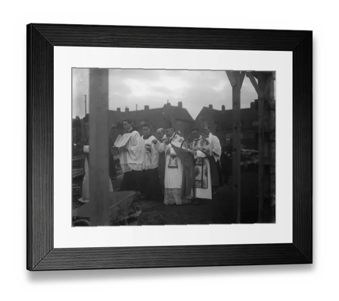Framed Print : A priest blesses the building of the Roman Catholic church in Eltham. 1936 Framed Print : A priest blesses the building of the Roman Catholic church in Eltham. 1936
