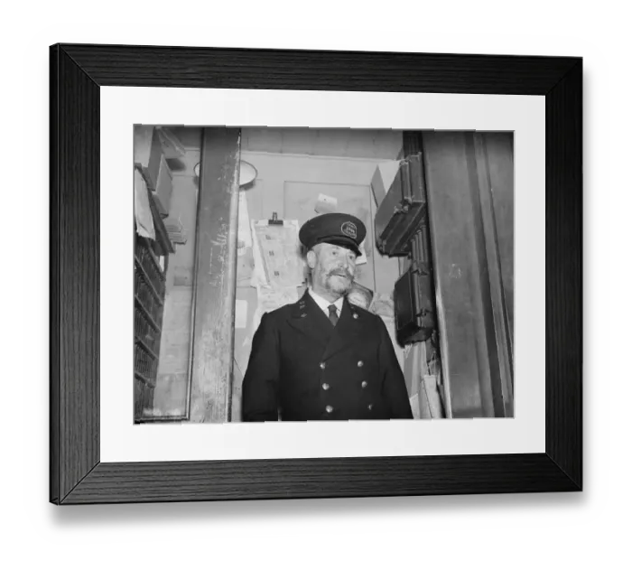 Framed Print : Fred Needham a ticket collector in Dartford, Kent. 1938 Framed Print : Fred Needham a ticket collector in Dartford, Kent. 1938