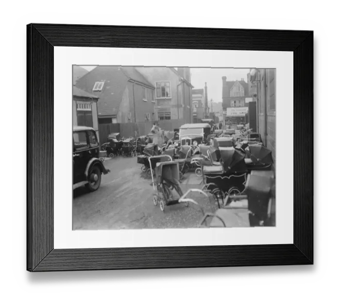 Framed Print : Prams outside a hall in Dartford, Kent, where the baby show is taking place Framed Print : Prams outside a hall in Dartford, Kent, where the baby show is taking place