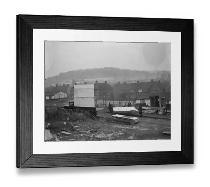 Framed Print : The removal of the Well Hall hutments - temporary housing. 1936 Framed Print : The removal of the Well Hall hutments - temporary housing. 1936