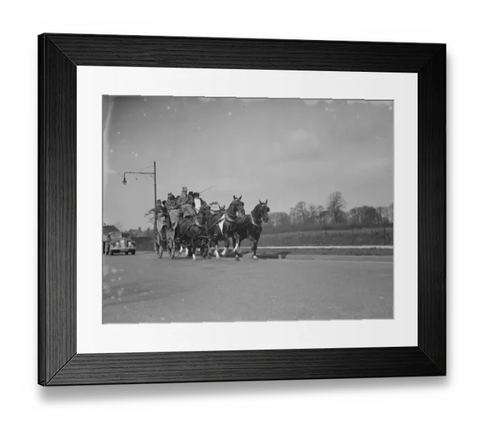 Framed Print : The Dickens centenary coach, on the move. 1936 Framed Print : The Dickens centenary coach, on the move. 1936