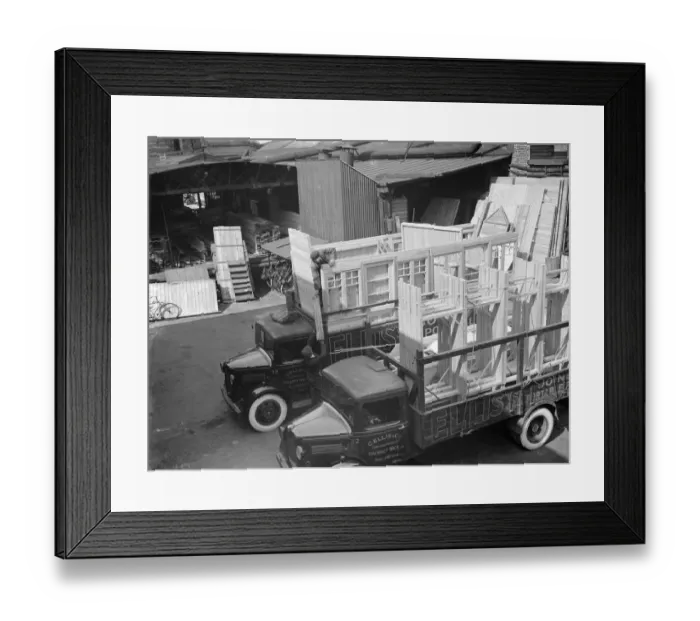 Framed Print : Loading Bedford lorrys at the G Ellis joinery works in Hackney. 7 April 1938 Framed Print : Loading Bedford lorrys at the G Ellis joinery works in Hackney. 7 April 1938