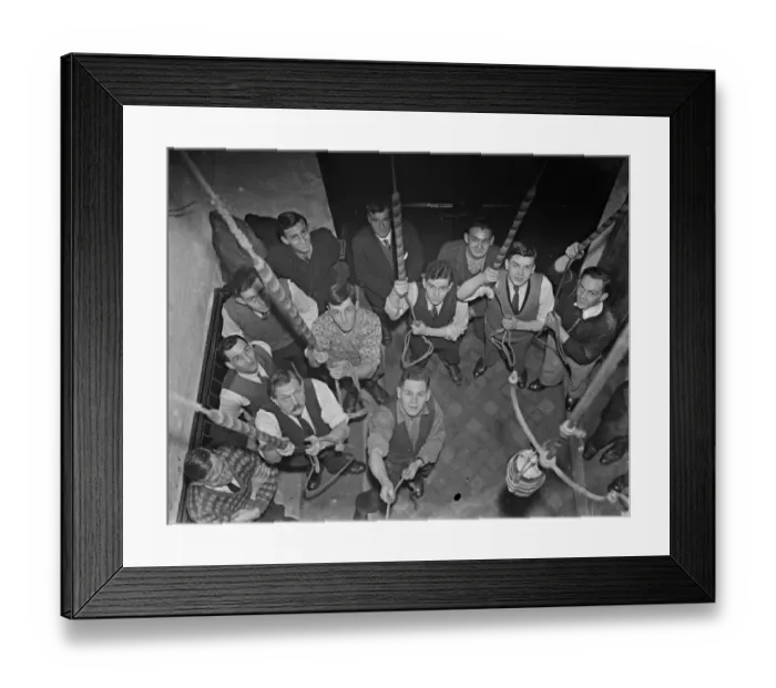 Framed Print : Bell - ringers practice at Eynsford church, Kent. 1936 Framed Print : Bell - ringers practice at Eynsford church, Kent. 1936