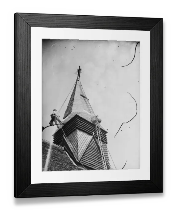 Framed Print : Footscray Church steeple being re - shingled. 1939 Framed Print : Footscray Church steeple being re - shingled. 1939