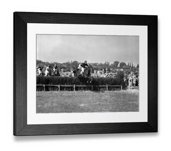 Framed Print : 9 May 1954 Ivor Kerwood on Dark Stranger takes the last to win the Harewoods Challenge