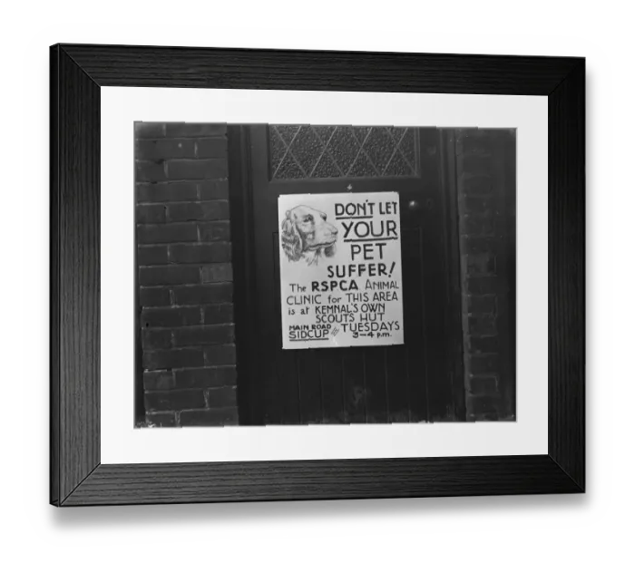 Framed Print : A photo of an RSPCA poster on a door around Sidcup, Kent. 1939 Framed Print : A photo of an RSPCA poster on a door around Sidcup, Kent. 1939