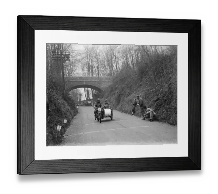Framed Print : Brake test for the motorcycle trial in Wrotham, Kent. 1937 Framed Print : Brake test for the motorcycle trial in Wrotham, Kent. 1937