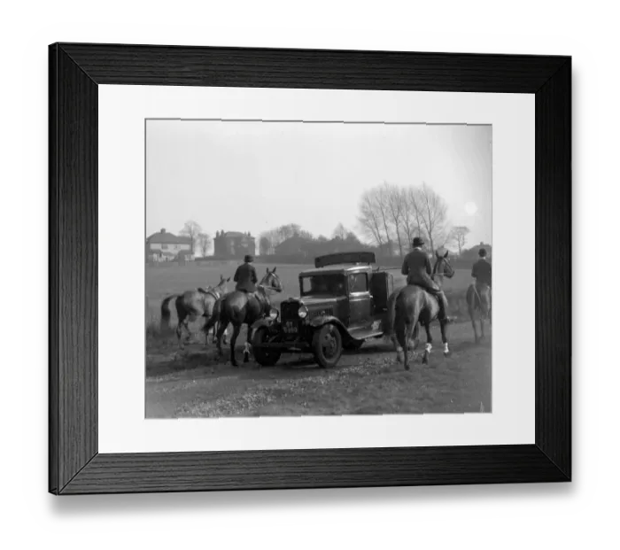 Framed Print : The hunt going past a Bedford lorry. 1934 Framed Print : The hunt going past a Bedford lorry. 1934