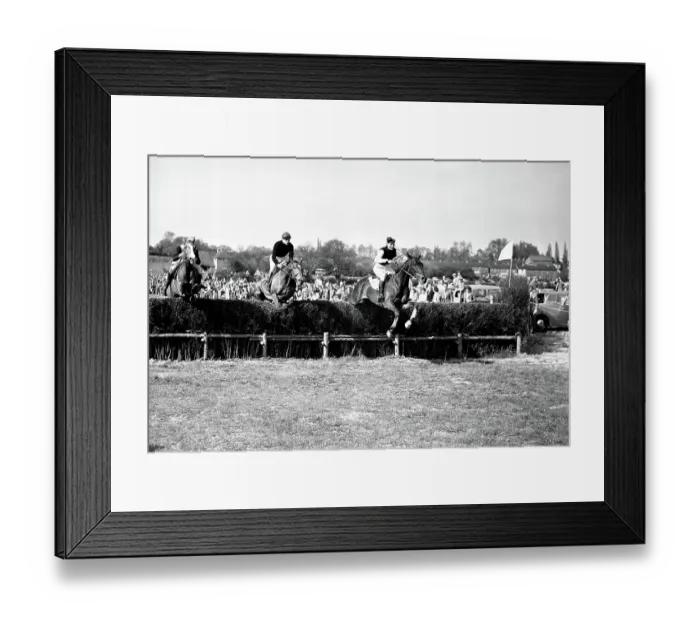 Framed Print : 9 May 1954 T.B. Palmer on Gold Bonus takes the last to win the Harewoods Challenge Cup (Division 2) event at the Old Surrey and Burstow Hunt point-to-point races at Spitals Cross, Edenbridge, Kent, England Framed Print : 9 May 1954 T.B. Palmer on Gold Bonus takes the last to win the Harewoods Challenge Cup (Division 2) event at the Old Surrey and Burstow Hunt point-to-point races at Spitals Cross, Edenbridge, Kent, England