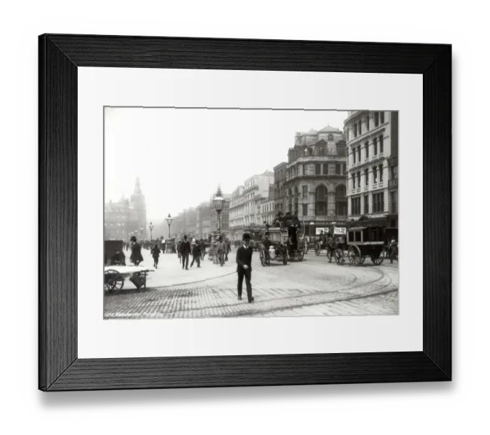 Framed Print : General traffic in the streets of Manchester, Piccadilly. c. 1886 Framed Print : General traffic in the streets of Manchester, Piccadilly. c. 1886