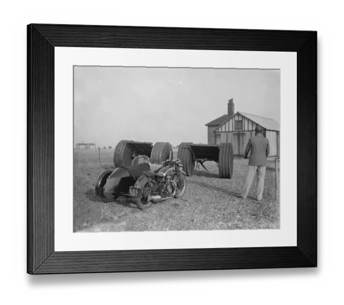 Framed Print : Motorbikes parked on the Dungeness beach in Kent. 1936 Framed Print : Motorbikes parked on the Dungeness beach in Kent. 1936