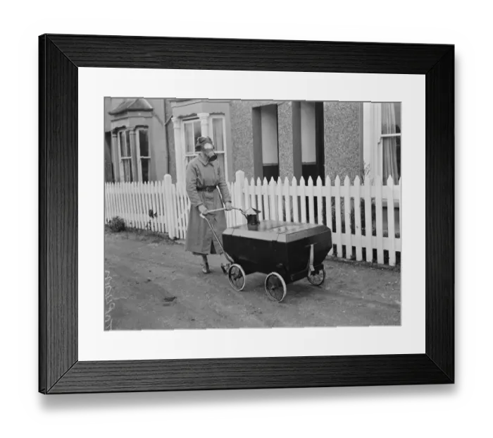 Framed Print : Gas proof pram invention in Hextable, Kent. 1938 Framed Print : Gas proof pram invention in Hextable, Kent. 1938