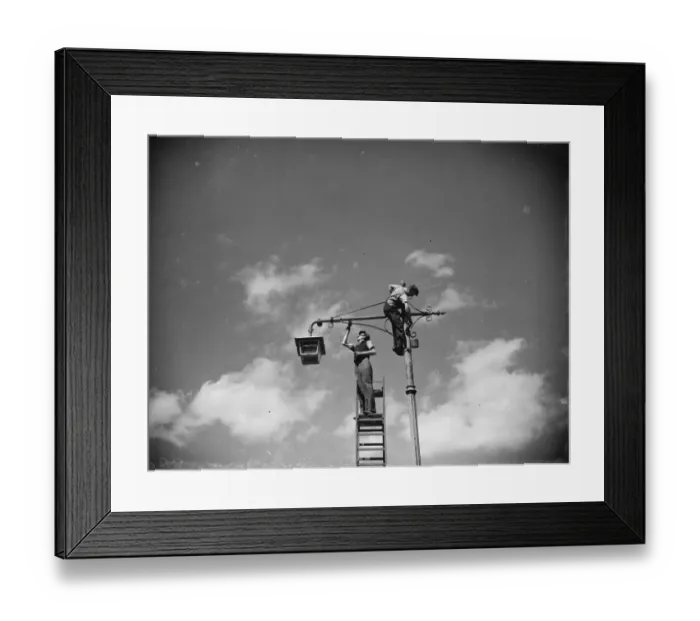 Framed Print : Men painting lamp a standard in Sidcup, Kent. 1938 Framed Print : Men painting lamp a standard in Sidcup, Kent. 1938