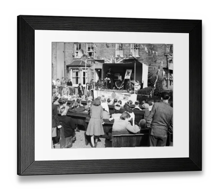 Framed Print : Coronation street party 6th June 1953 They built a stage in their street at Bedford Framed Print : Coronation street party 6th June 1953 They built a stage in their street at Bedford