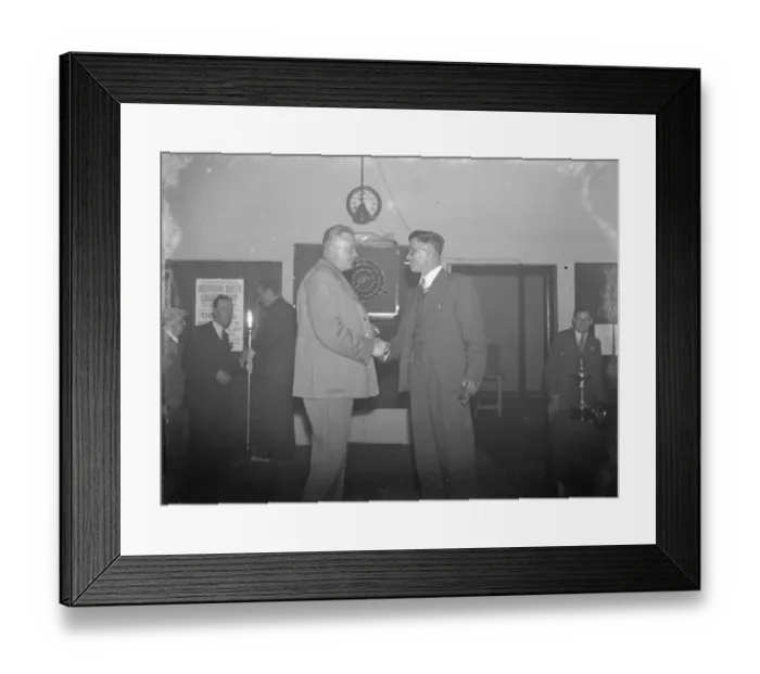 Framed Print : Two men shake hands at the Erith Hospital darts competition. 1939 Framed Print : Two men shake hands at the Erith Hospital darts competition. 1939