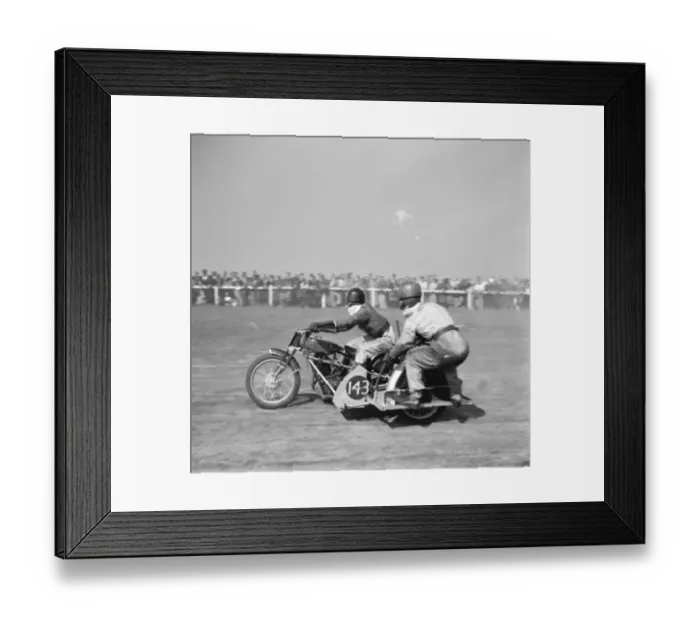 Framed Print : Motorcycle racing at Brands Hatch, Kent. One of the sidecar motobikes Framed Print : Motorcycle racing at Brands Hatch, Kent. One of the sidecar motobikes
