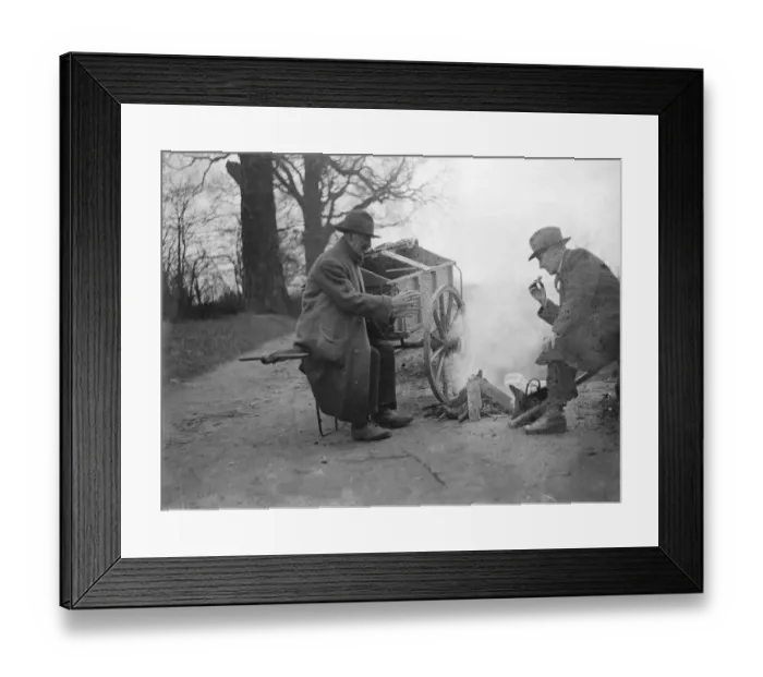 Framed Print : Road sweepers lunching round fire Chislehurst. 1935 Framed Print : Road sweepers lunching round fire Chislehurst. 1935