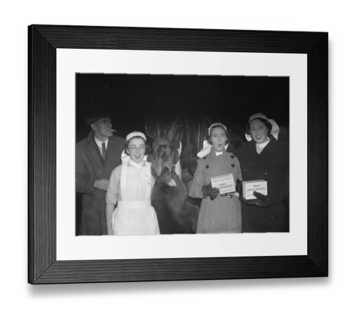 Framed Print : Sidcup Cottage Hospital carol singing nurses with their collection boxes and horse Framed Print : Sidcup Cottage Hospital carol singing nurses with their collection boxes and horse