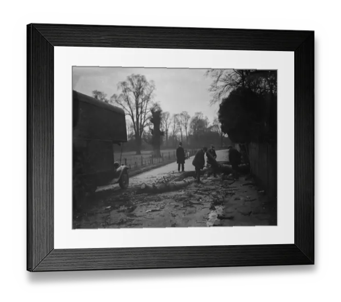 Framed Print : Workers clear a tree blown down by the gales in Crayford. 1938 Framed Print : Workers clear a tree blown down by the gales in Crayford. 1938