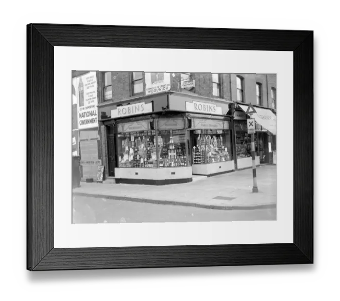 Framed Print : Robins family groces shop in North Eltham, Kent. 1934 Framed Print : Robins family groces shop in North Eltham, Kent. 1934