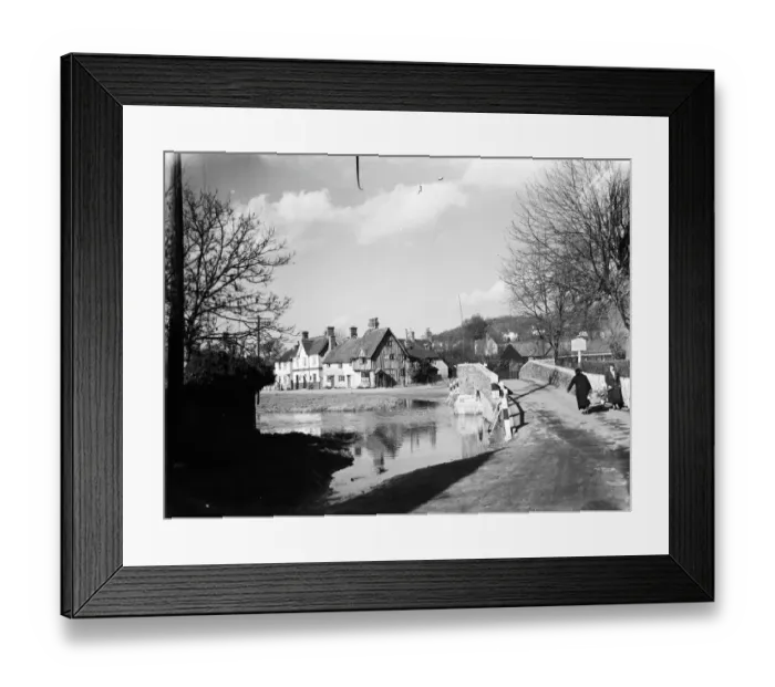 Framed Print : A view of Eynsford over the River Darent by the bridge and ford. 1936 Framed Print : A view of Eynsford over the River Darent by the bridge and ford. 1936