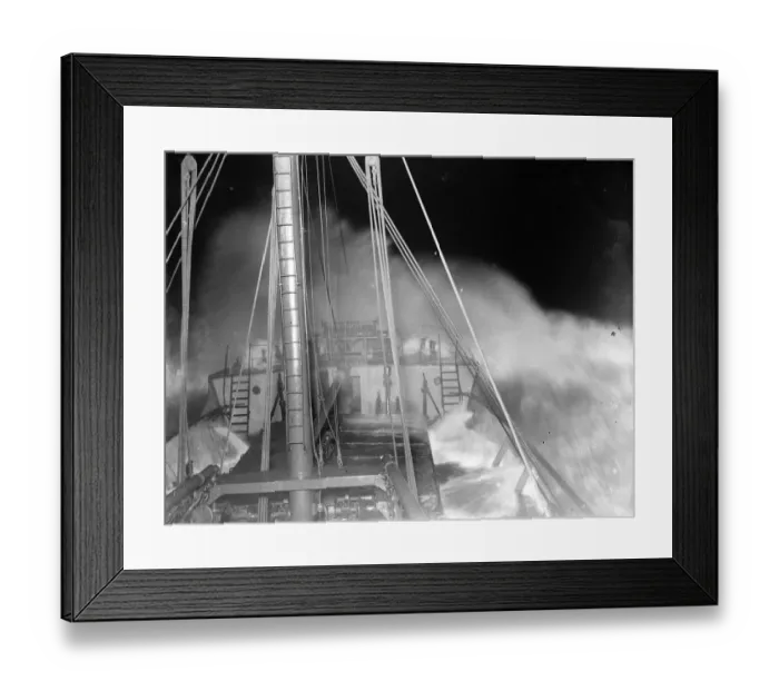 Framed Print : Waves breaking over the bows of the tramp steamer the SS Eston. 1935