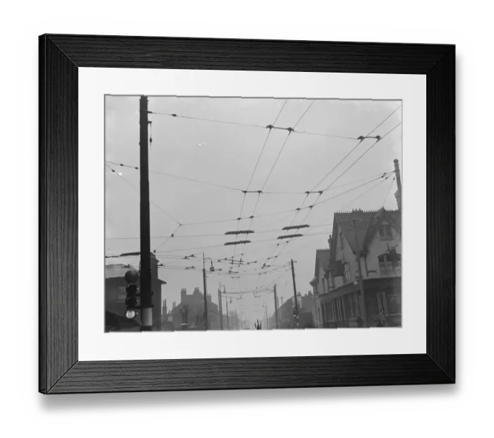 Framed Print : Overhead electrical trolleybus wires. 1937 Framed Print : Overhead electrical trolleybus wires. 1937