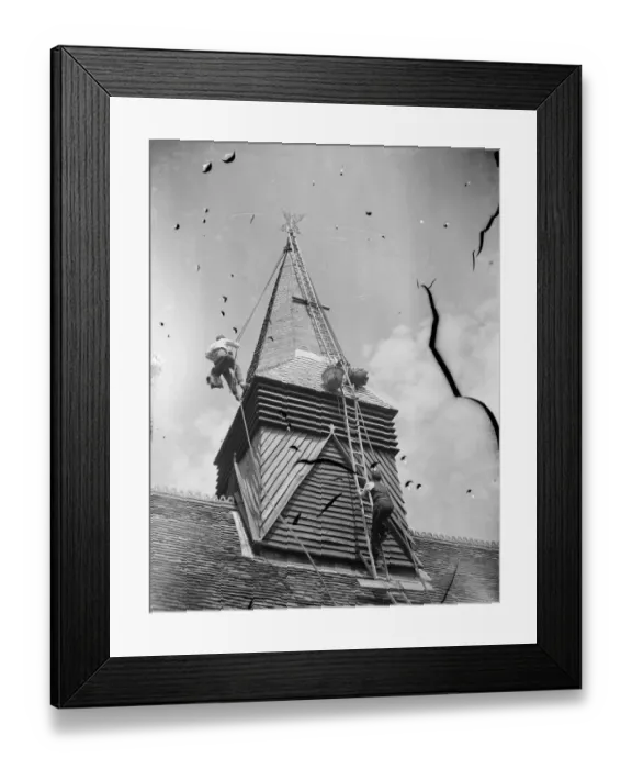 Framed Print : Footscray Church steeple being re - shingled. 1939