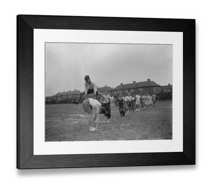 Framed Print : Play leadership. Penhill. Teamgames, leap frog. 1937 Framed Print : Play leadership. Penhill. Teamgames, leap frog. 1937