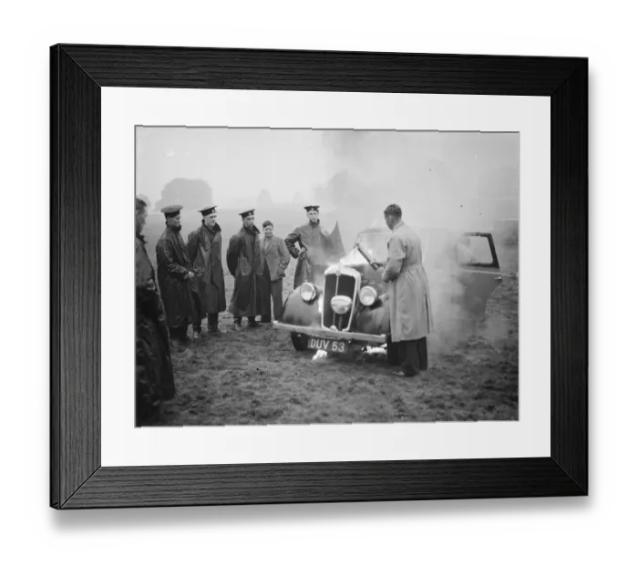 Framed Print : Fire demonstration of a car on fire at Lullingstone Castle, Kent. 24 September 1937
