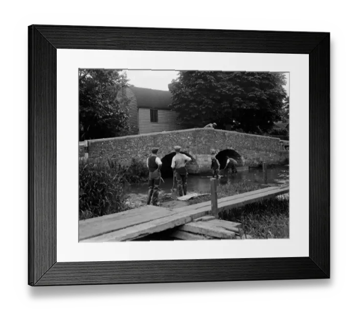 Framed Print : Men at work on river crossing at Eynsford bridge over the River Darent in Kent Framed Print : Men at work on river crossing at Eynsford bridge over the River Darent in Kent