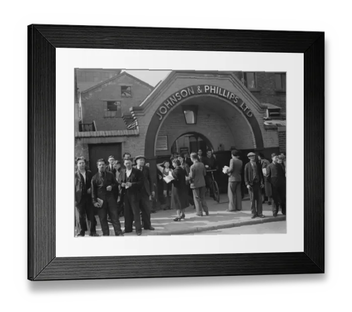 Framed Print : Strikers outside the Johnson and Phillips Ltd factory in Kent. 1939 Framed Print : Strikers outside the Johnson and Phillips Ltd factory in Kent. 1939
