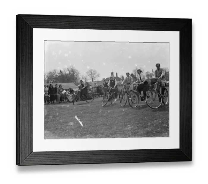 Framed Print : Swanley college sports. Racing the slowest bicycle 1936 Framed Print : Swanley college sports. Racing the slowest bicycle 1936