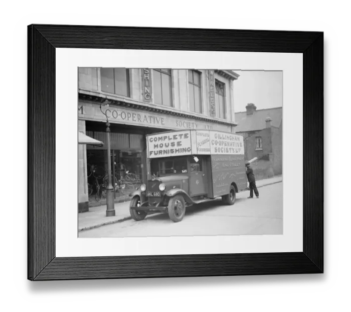 Framed Print : Gillingham Co - operative Society furniture van loading up goods outside the store