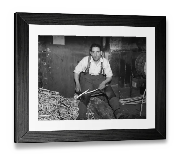 Framed Print : Mr George goodwin making wooden splints in Meopham. 1938 Framed Print : Mr George goodwin making wooden splints in Meopham. 1938