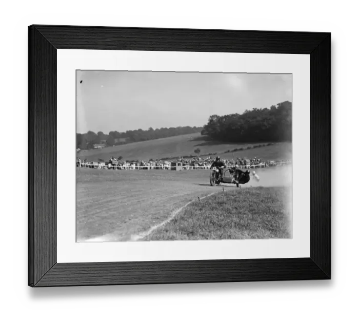 Framed Print : Motorcycling races at Brands Hatch. Two of the side car bikes jostle for position Framed Print : Motorcycling races at Brands Hatch. Two of the side car bikes jostle for position