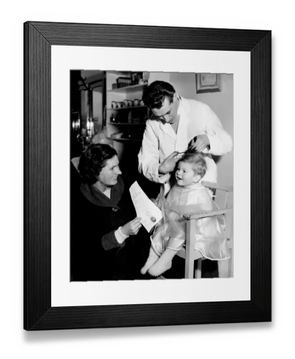 Framed Print : Twelve month old Alan Morel of St Pauls Cray, Kent, has just had his baby curls cut away Framed Print : Twelve month old Alan Morel of St Pauls Cray, Kent, has just had his baby curls cut away