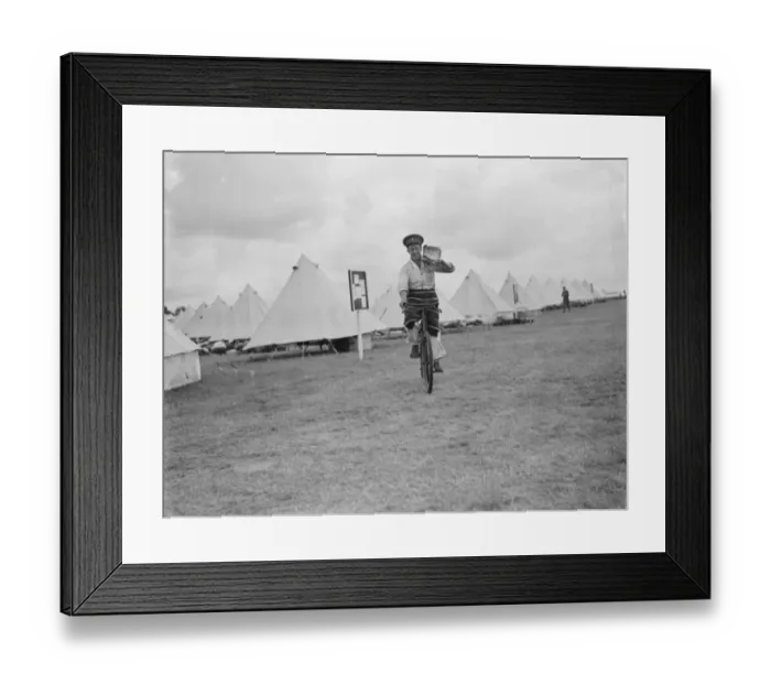 Framed Print : Territorial Army recruits at camp in Chichester, Sussex. Fetching water on a bicycle Framed Print : Territorial Army recruits at camp in Chichester, Sussex. Fetching water on a bicycle